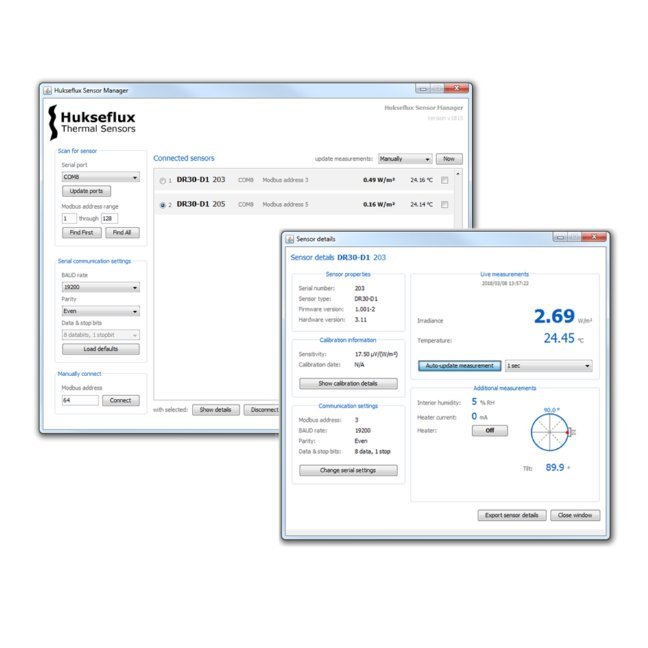 Hukseflux Sensor Manager软件允许用户绘制和导出数据，查看传感器诊断输出以及更改Modbus地址和通讯设置